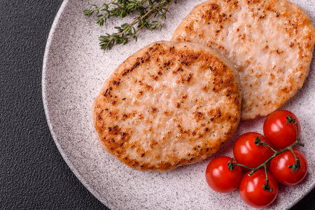 Grilled chicken burger cutlet with salt, spices and herbs on a dark concrete backgroundの写真素材