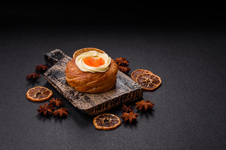 Sweet dessert danish covered with white cream on a dark concrete background