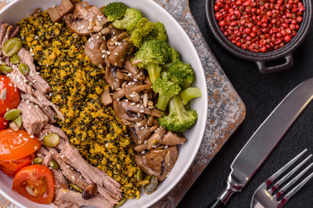 Quinoa bowl with tofu, steamed vegetables, grains, seeds and spices on a dark concrete backgroundの写真素材