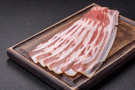 Fresh raw bacon sliced with spices and herbs on a dark concrete background