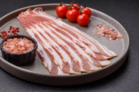 Fresh raw bacon sliced with spices and herbs on a dark concrete background