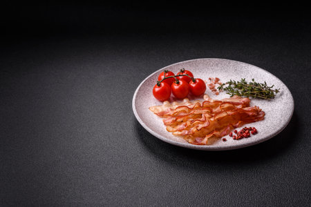 Bacon sliced, grilled with salt and spices on a dark concrete backgroundの写真素材
