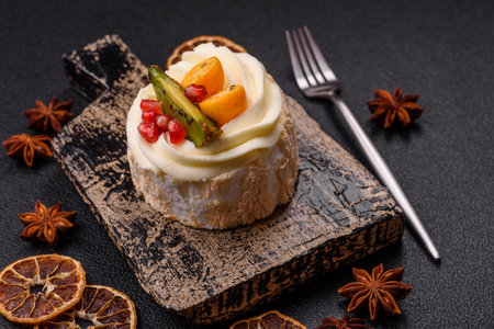 Piece of sweet meringue with citrus, kiwi and pomegranate seeds on a dark concrete backgroundの写真素材