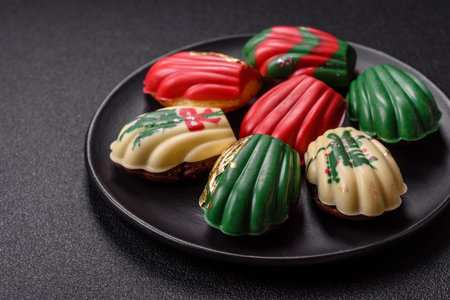 Sweet Madeleines desserts covered with chocolate in Christmas colors, with various toppings on a dark concrete backgroundの写真素材