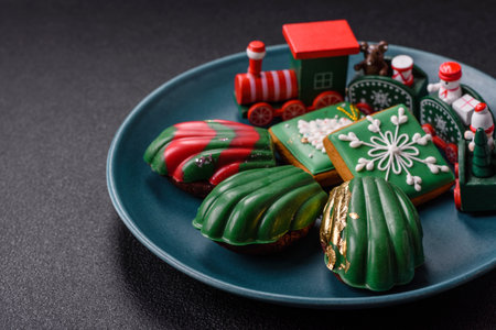 Sweet Madeleines desserts covered with chocolate in Christmas colors, with various toppings on a...