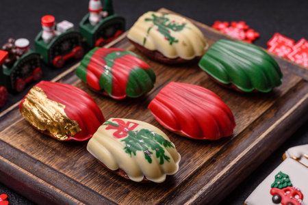Sweet madeleine sponge cookies covered with colored chocolate in a Christmas style