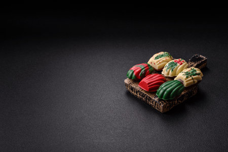 Sweet madeleine sponge cookies covered with colored chocolate in a Christmas styleの写真素材