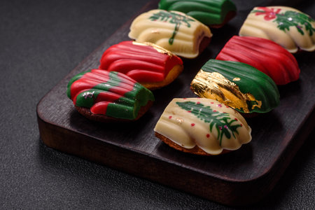 Sweet madeleine sponge cookies covered with colored chocolate in a Christmas style