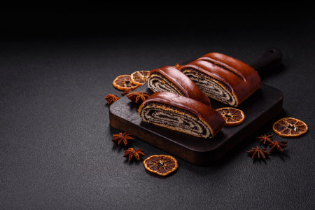 Sweet homemade roll with poppy seeds on a dark concrete backgroundの写真素材
