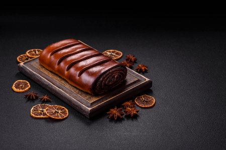 Sweet homemade roll with poppy seeds on a dark concrete background