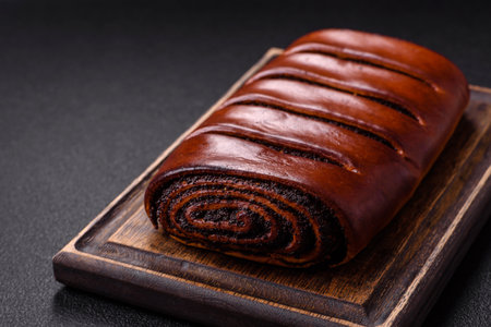 Sweet homemade roll with poppy seeds on a dark concrete background