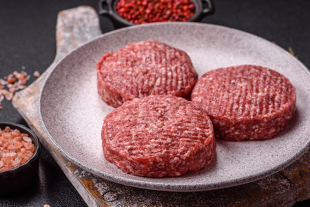 Fresh raw ground beef burger patty with salt and spices on textured concrete backgroundの写真素材