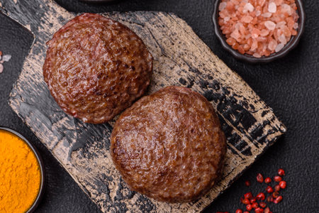 Beef burger patties with salt, spices and herbs grilled on a dark concrete background