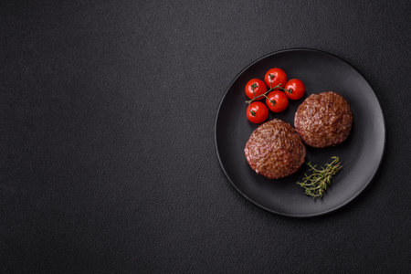 Beef burger patties with salt, spices and herbs grilled on a dark concrete background