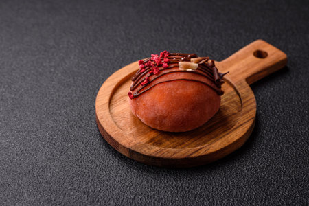 Delicious colorful asian mochi sweets with rice dough shell and fruit filling on dark concrete backgroundの写真素材