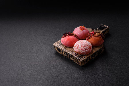 Delicious colorful asian mochi sweets with rice dough shell and fruit filling on dark concrete...