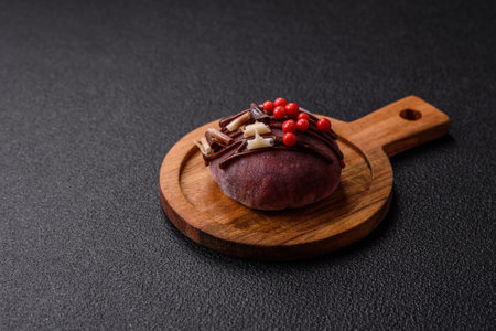 Delicious colorful asian mochi sweets with rice dough shell and fruit filling on dark concrete...