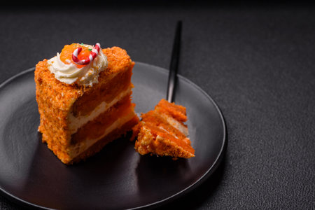 Piece of sweet layer cake with pumpkin or citrus flavor with cream on a dark textured backgroundの写真素材