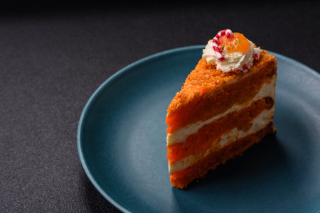 Piece of sweet layer cake with pumpkin or citrus flavor with cream on a dark textured backgroundの写真素材