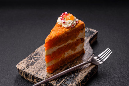 Piece of sweet layer cake with pumpkin or citrus flavor with cream on a dark textured backgroundの写真素材