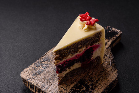 Piece of sweet layered cheesecake with cherries and poppy seeds on a dark textured backgroundの写真素材