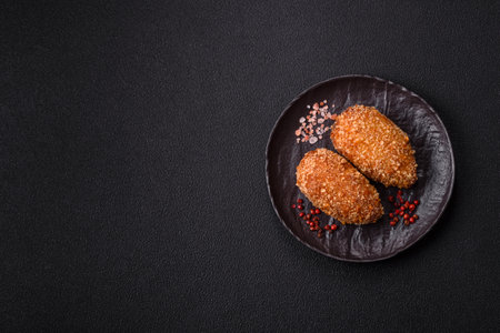 Delicious fresh cutlet or meatball Kiev style with filling, salt, spices and herbsの写真素材