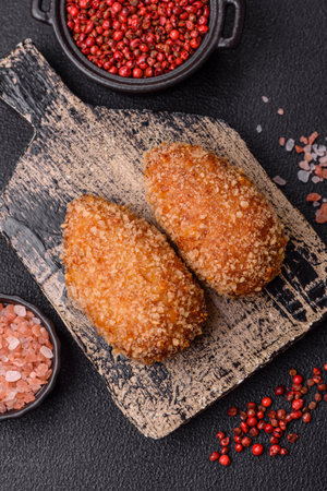 Delicious fresh cutlet or meatball Kiev style with filling, salt, spices and herbsの写真素材