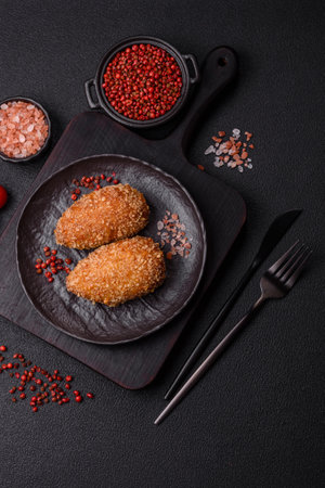 Delicious fresh cutlet or meatball Kiev style with filling, salt, spices and herbsの写真素材