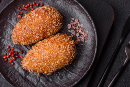 Delicious fresh cutlet or meatball Kiev style with filling, salt, spices and herbs
