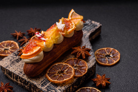 Delicious sweet eclair with chocolate filling, covered with cream and dried citrus fruits