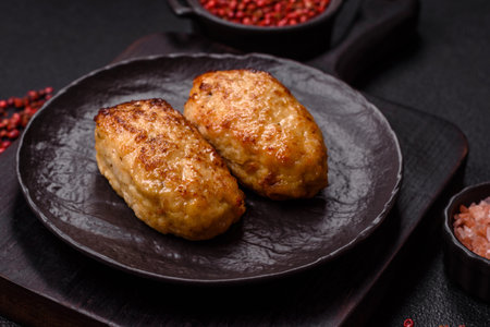 Delicious fresh fried minced fish cutlets with spices and herbs on a dark concrete background