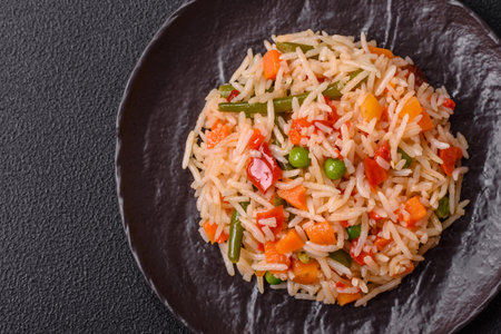 Boiled rice with vegetables, salt and spices on a dark concrete backgroundの写真素材