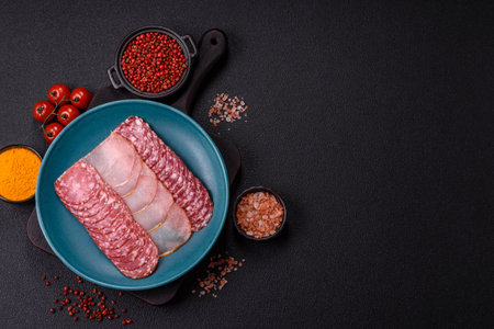 Delicious fresh smoked sausages cut with slices on a dark concrete background