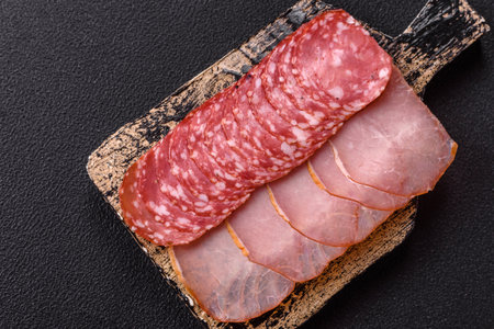 Delicious fresh smoked sausages cut with slices on a dark concrete background