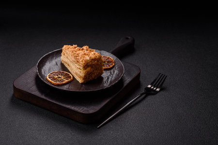 Piece of sweet layer cake Napoleon with custard on a dark concrete background
