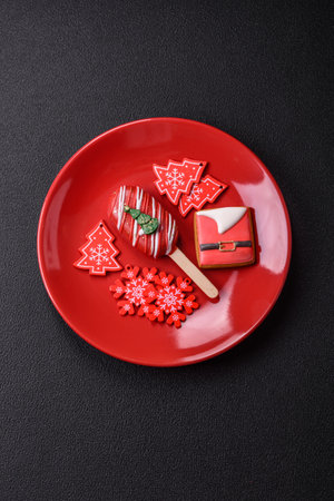 Popsicle ice cream on a stick covered with chocolate in the style and colors of Christmas and New Year on a dark concrete backgroundの写真素材