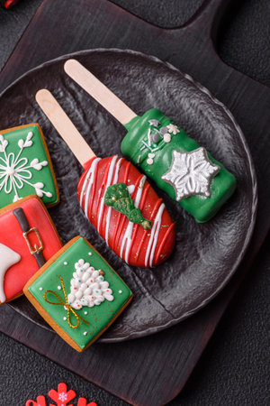 Natural popsicle ice cream on a stick covered with chocolate in the style and colors of Christmas and New Year on a dark concrete background