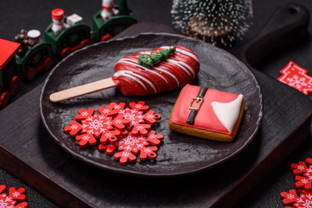 Natural popsicle ice cream on a stick covered with chocolate in the style and colors of Christmas and New Year on a dark concrete backgroundの写真素材