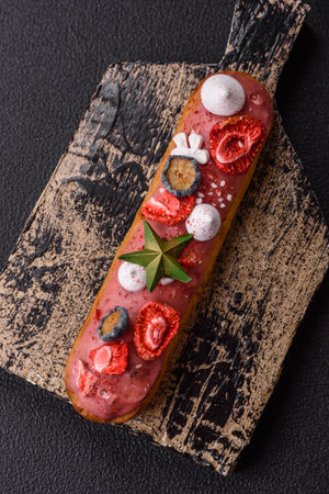 Sweet eclair with chocolate filling covered with red glaze