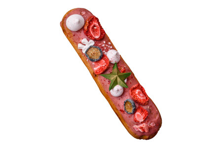 Sweet eclair with chocolate filling covered with red glaze, decorated for Christmas and New Year