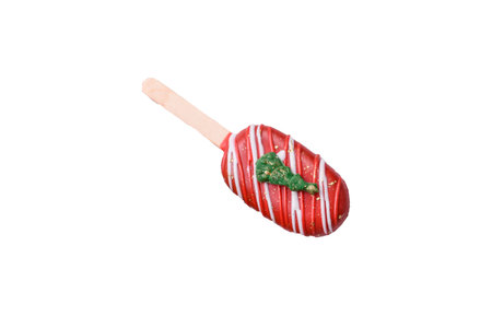 Natural popsicle ice cream on a stick covered with chocolate in the style and colors of Christmas and New Year on a white backgroundの写真素材