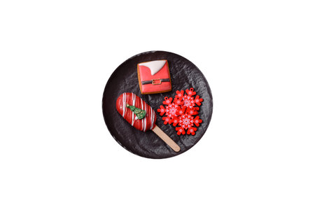 Natural popsicle ice cream on a stick covered with chocolate in the style and colors of Christmas and New Year on a white backgroundの写真素材