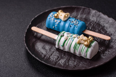 Natural popsicle ice cream on a stick covered with chocolate in the style and colors of Christmas and New Year on a dark concrete backgroundの写真素材