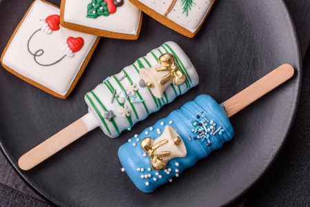 Natural popsicle ice cream on a stick covered with chocolate in the style and colors of Christmas and New Year on a dark concrete backgroundの写真素材