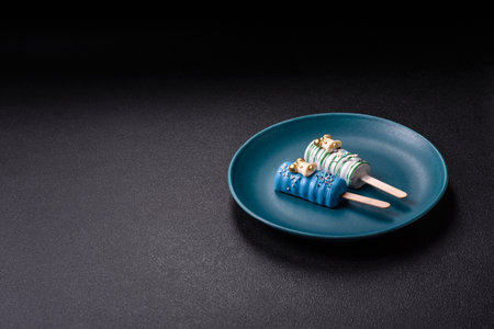 Natural popsicle ice cream on a stick covered with chocolate in the style and colors of Christmas and New Year on a dark concrete backgroundの写真素材