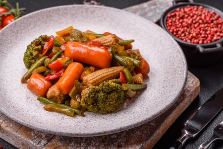Mix of vegetables corn, carrots, peppers, broccoli, onions on a ceramic plate on a dark concrete backgroundの写真素材