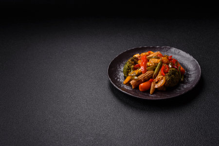 Mix of vegetables corn, carrots, peppers, broccoli, onions in teriyaki sauce on a ceramic plate on a dark concrete backgroundの写真素材