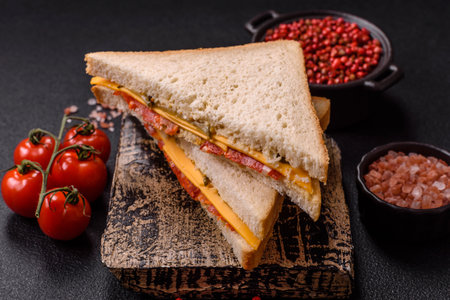 Sandwich with ham, salami, tomatoes, mustard, salt and spices on dark concrete backgroundの写真素材