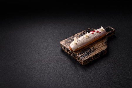 Sweet eclair with chocolate filling covered with white glaze on dark concrete background
