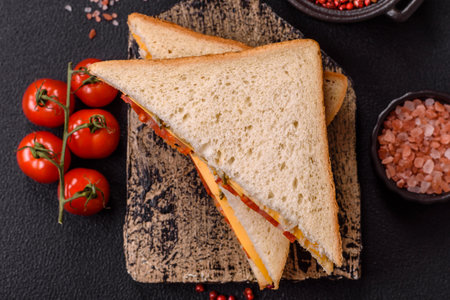 Sandwich with ham, salami, tomatoes, mustard, salt and spices on dark concrete backgroundの写真素材